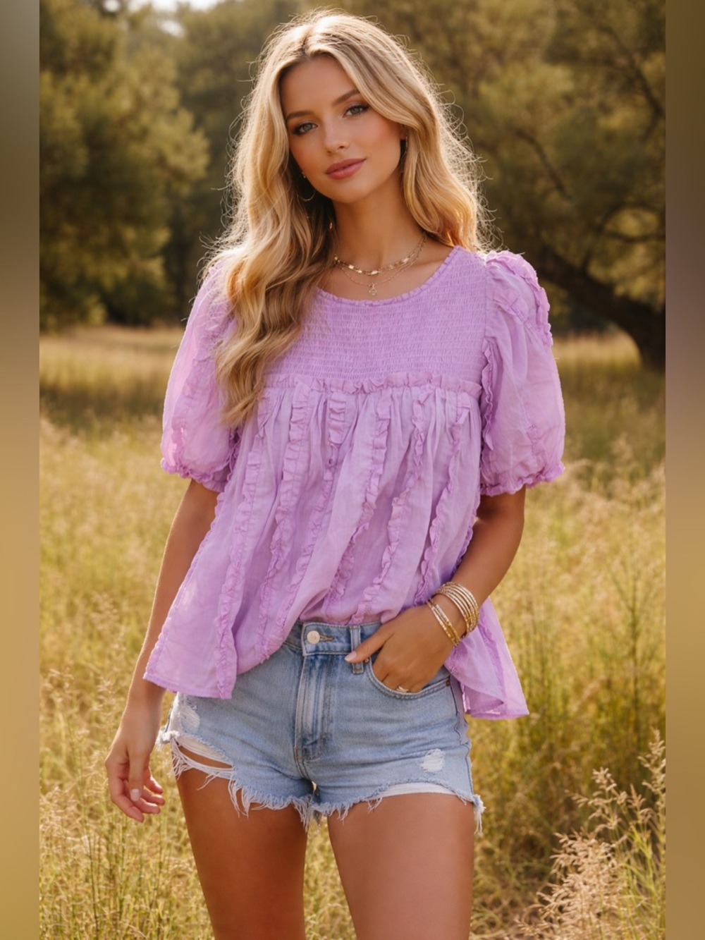 Free People Lavender Ruffle Puff-Sleeve Blouse